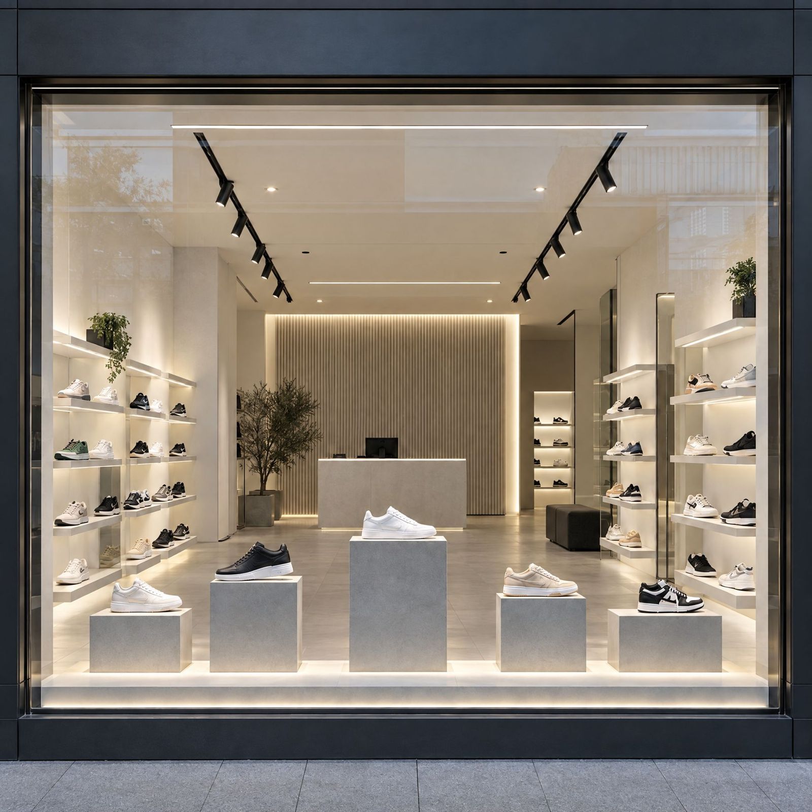 Tienda de calzado con estanterías iluminadas y expositores de piedra