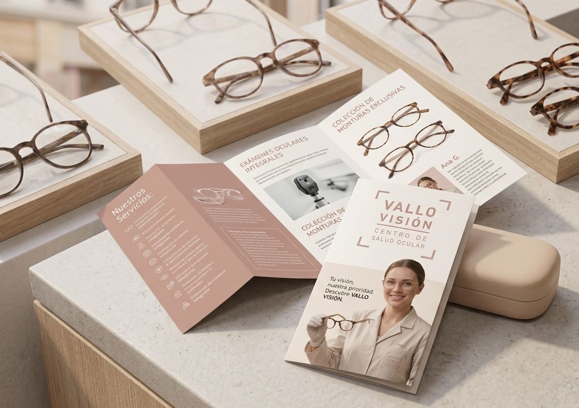 Folleto de Vallo Visión junto a monturas de gafas