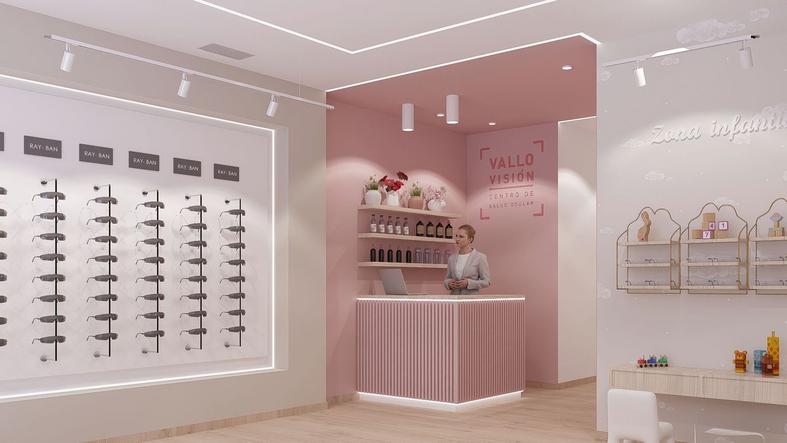 Interior de Vallo Visión con mostrador rosa y paredes de exposición de gafas